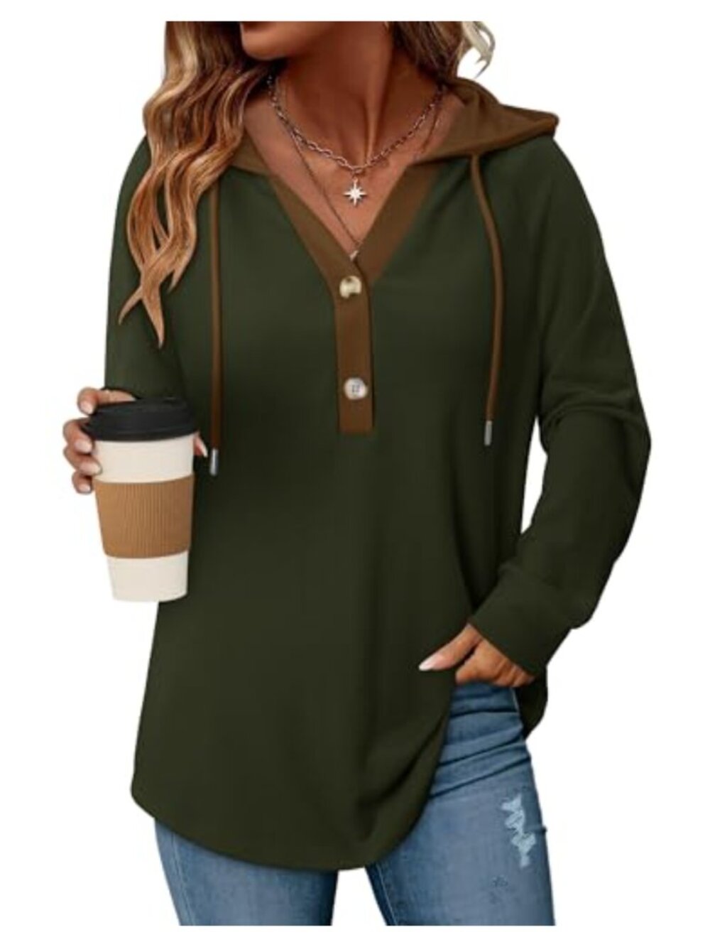 Waffle Knit Button Front Hoodie Oversized Pullover with Pocket